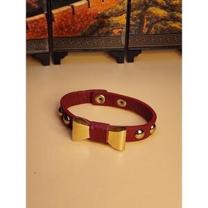 KING STAR Signed‎ Red Leather Bracelet Gold Bow & Studs Snap Closure FREE $HIP!!